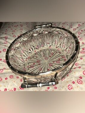 Vintage Mid Century Reims France Cut Glass Bowl w/ Italy Silverplate Rim